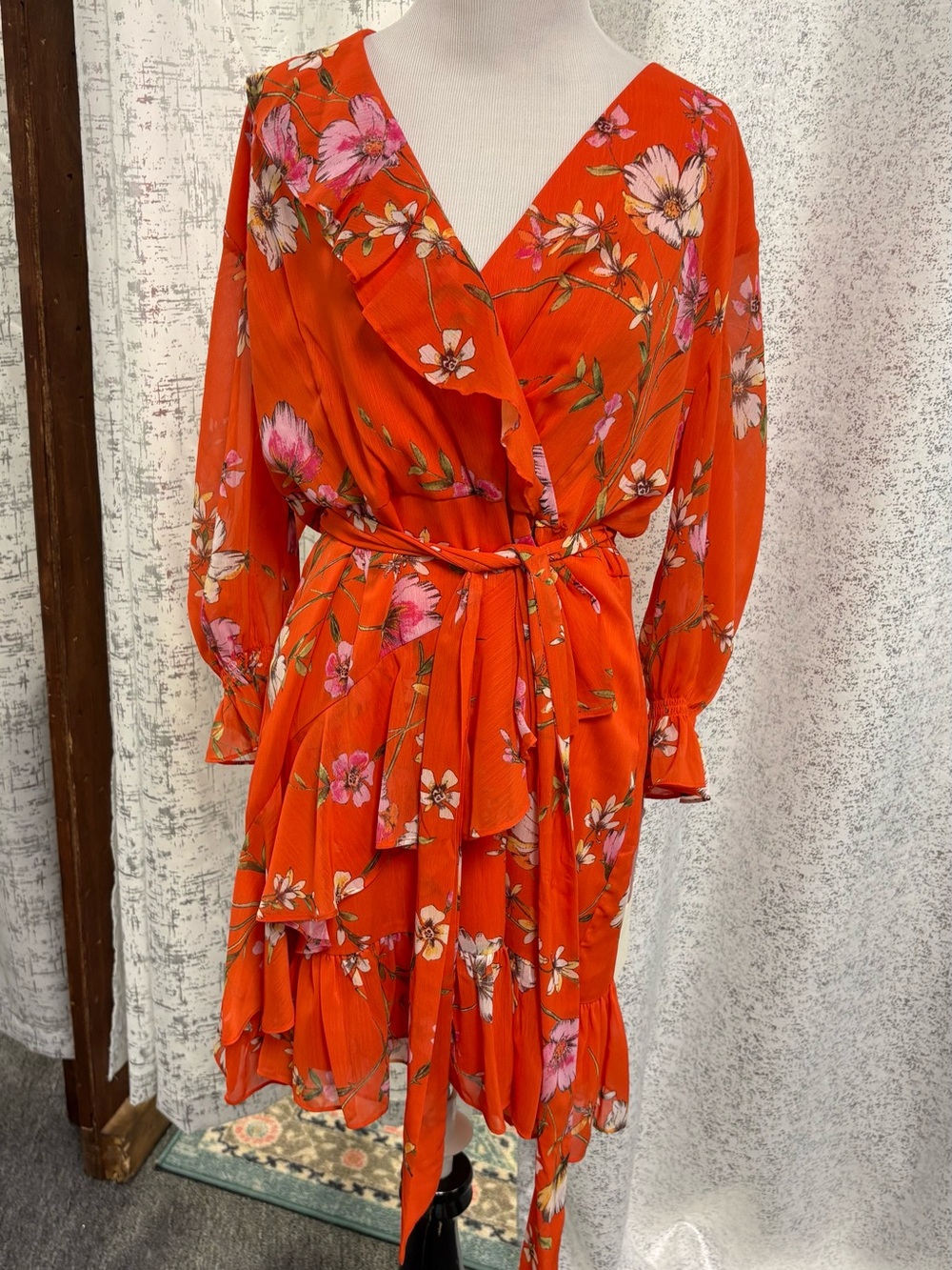 Alex Marie Orange Floral Wrap Ruffle Dress